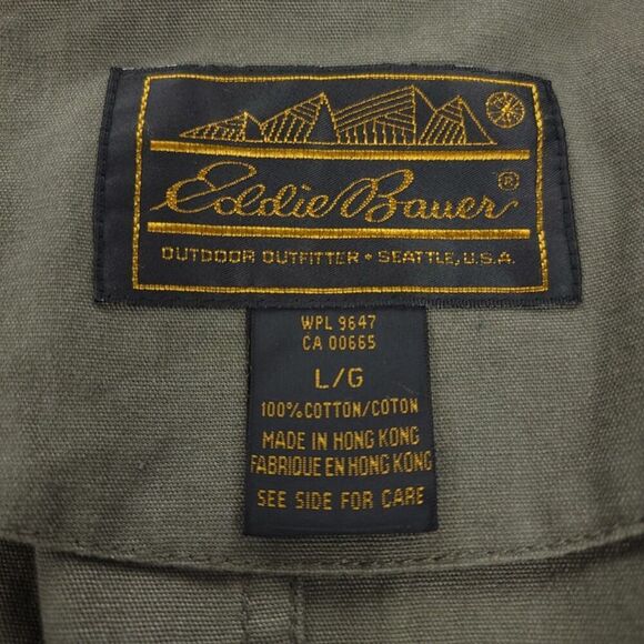 EDDIE BAUER 90s Corduroy Collar Canvas Barn Trench Coat Chore Jacket Large Olive - Picture 2 of 8